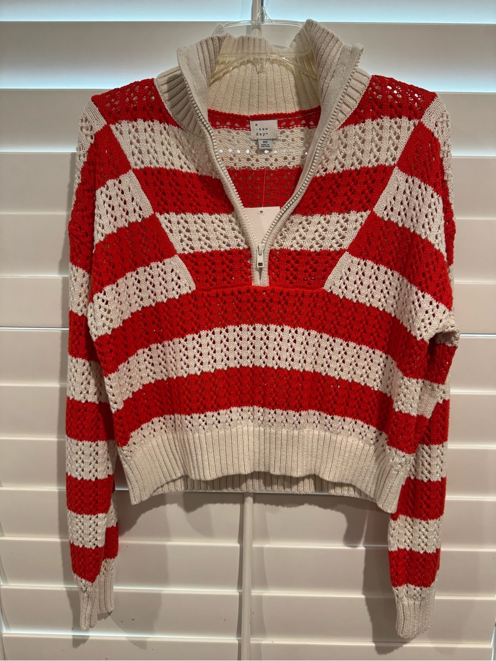 a new day Red and Cream Striped Half-Zip Crochet Sweater